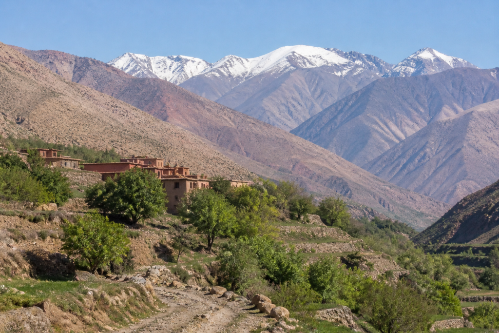 Scenic High Atlas Mountains landscape with Berber village near Amizmiz in Morocco